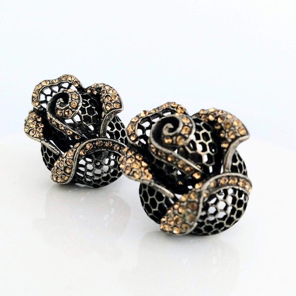 Vintage ROSE EARRINGS Antique Oxidized Silver Champagne Crystals Clip On
